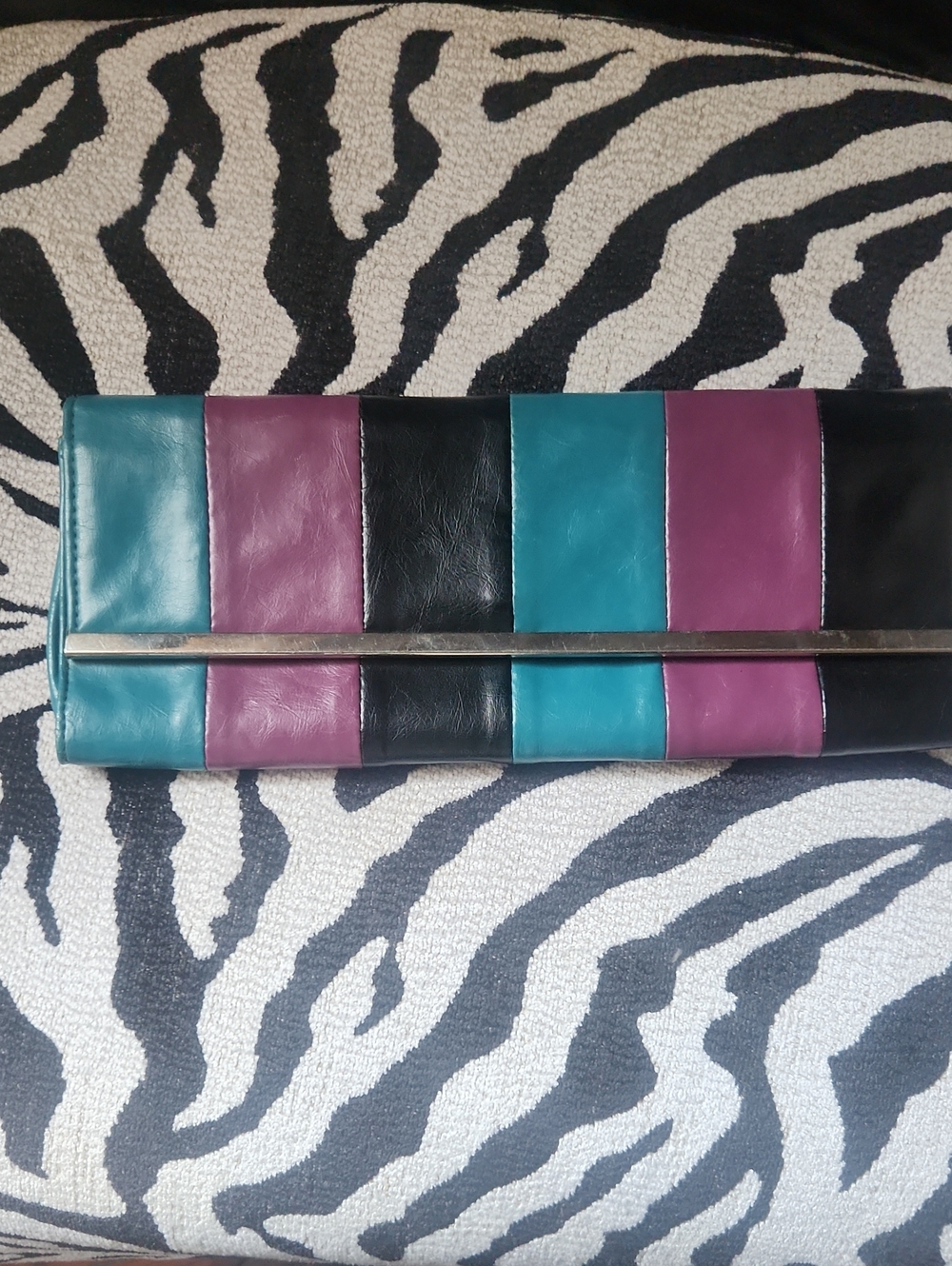 Striped Leather Clutch in Teal, Purple & Black